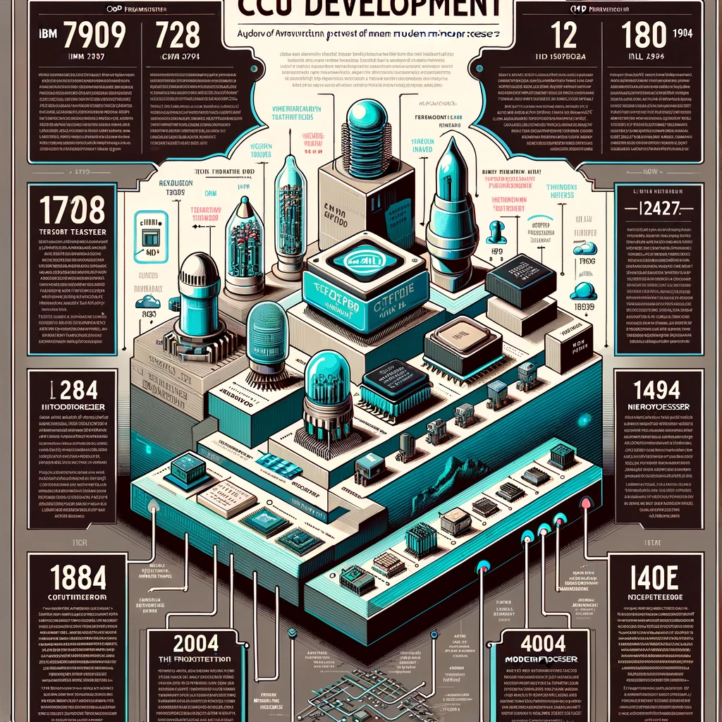 Ecco l'infografica che illustra la cronologia dello sviluppo delle CPU, evidenziando le pietre miliari chiave come l'IBM 709, l'avvento dei transistor, l'Intel 4004 e l'evoluzione verso i microprocessori moderni. Questa infografica fornisce una rappresentazione visiva della progressione tecnologica delle CPU